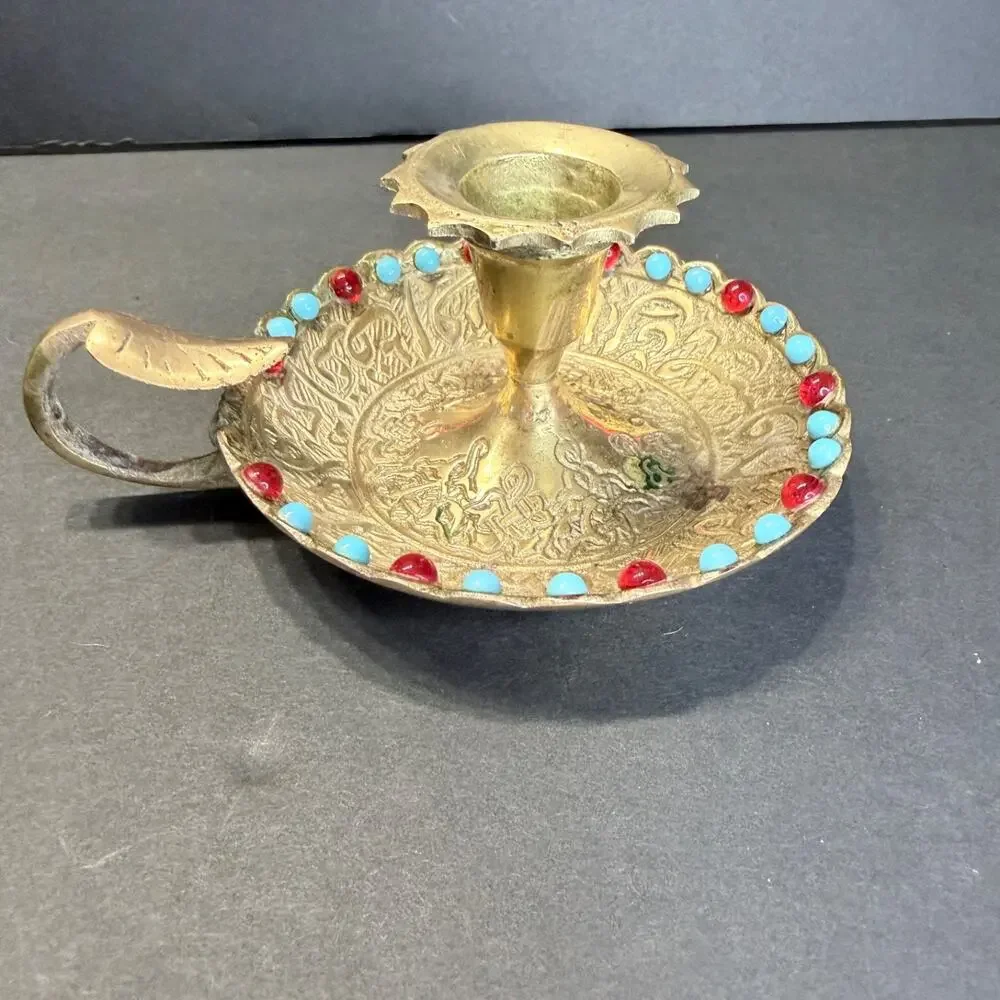 Vintage Damascus Brass Chamberstick Candle Holder Jeweled Turquoise Red Bead 4.5